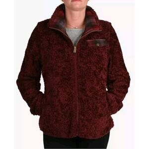 Pendleton Plaid Trim Ladies' Fuzzy Red Jacket Size M Full Zip With Pockets #R2